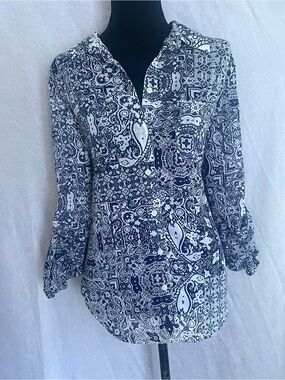 Joe Fresh Navy and White Printed Button-Down top